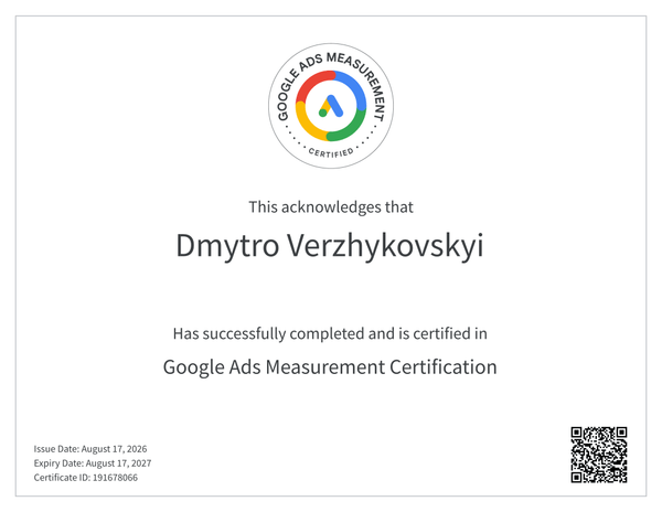 Google Ads Measurement certificate issued to Dmytro Verzhykovskyi by Google Skillshop