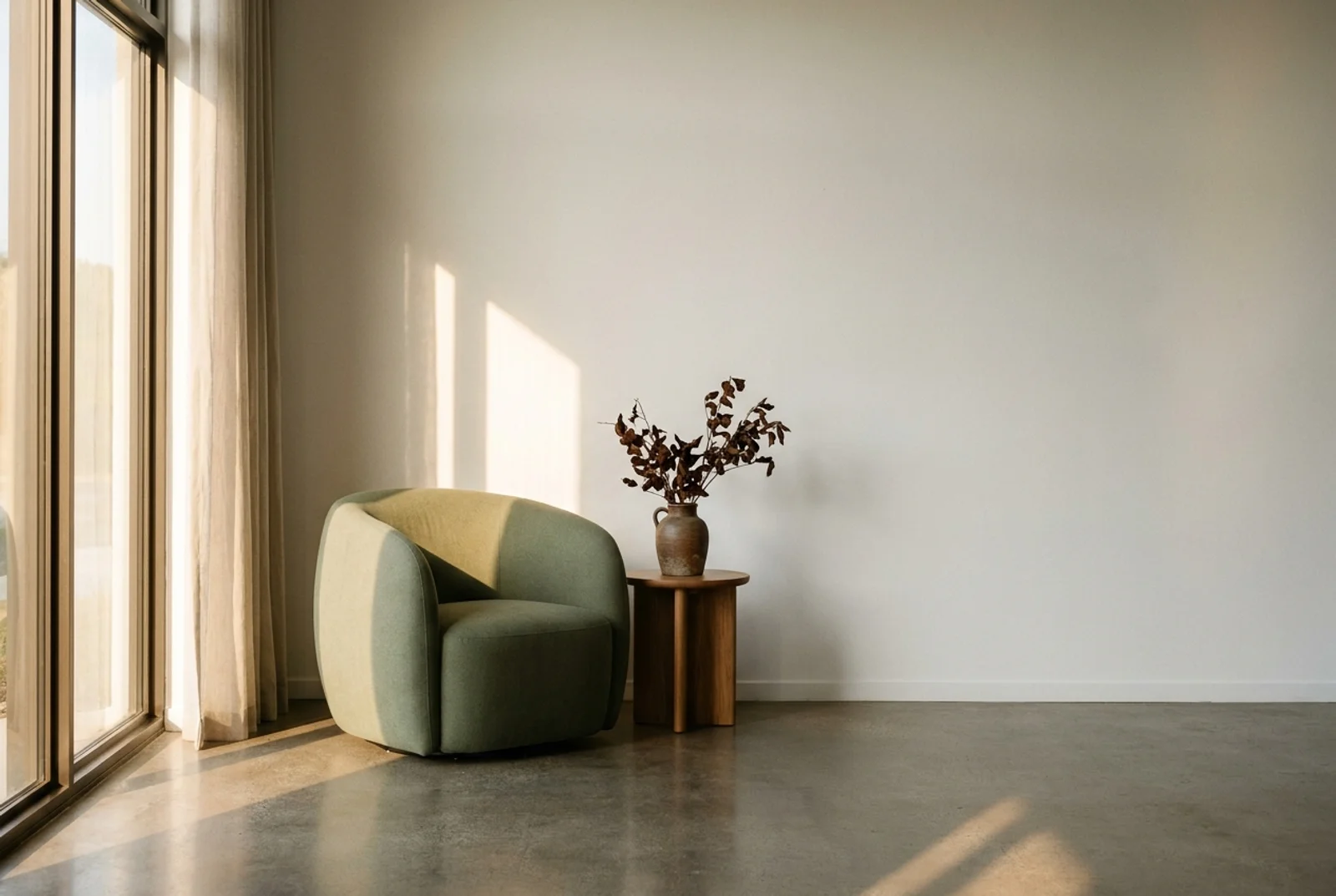 Empty corner of a modern furniture showroom with afternoon sun.