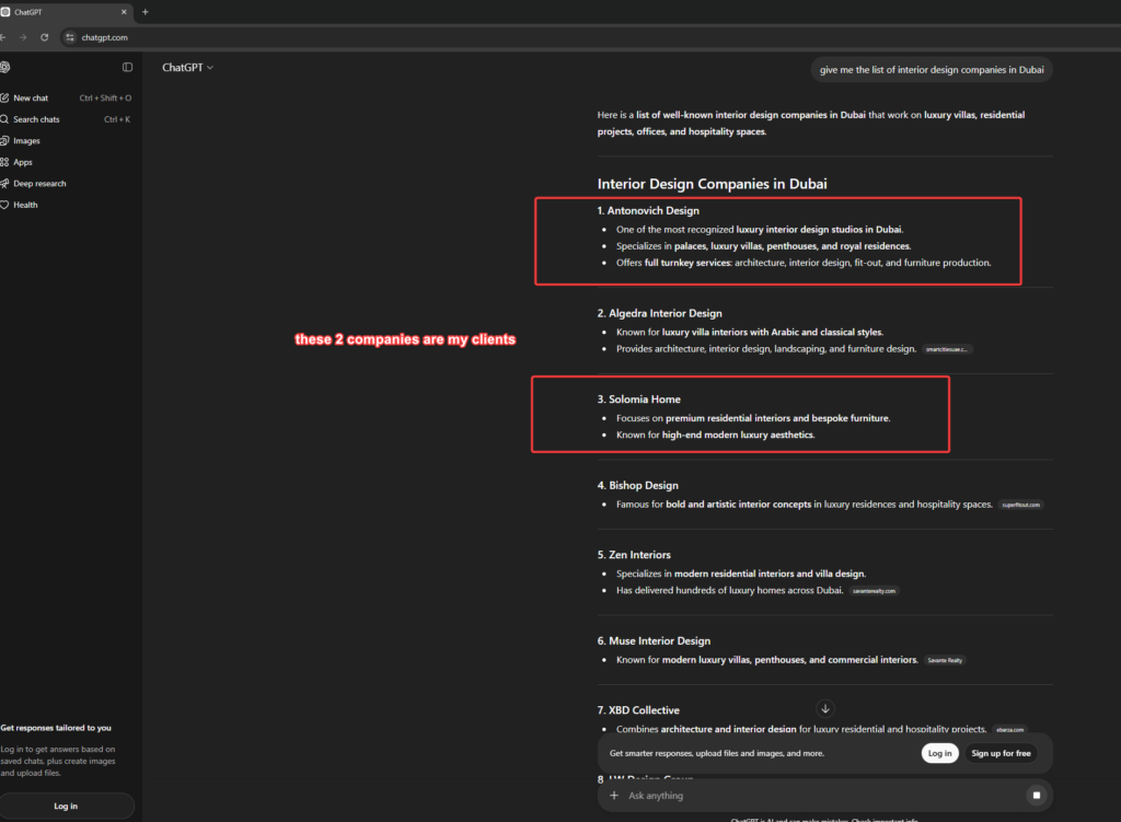ChatGPT recommending client business for relevant search query